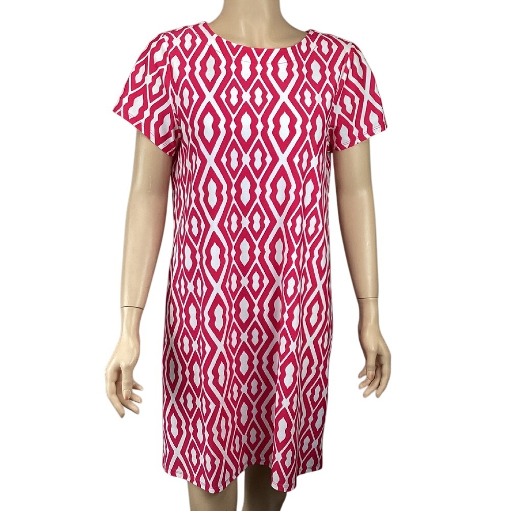 Jude Connally Shift Dress Size Small Pink White Geometric Print Short Sleeve